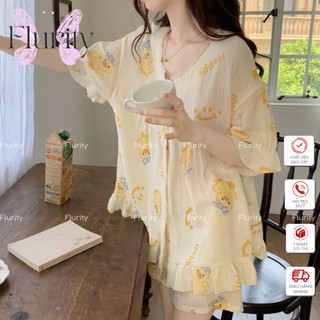 Set đồ bộ ngủ mặc nhà cổ tim viền ren tay lỡ quần cộc viền bèo xô đũi thoải mái pc hàn quốc flurity - meraki bntlct154