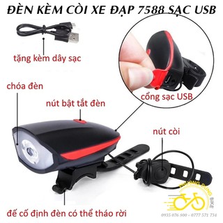 Đèn xe đạp - Đèn kèm còi xe đạp sạc USB