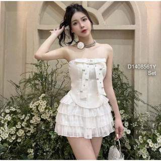 Set áo quây croptop nơ ngực đính phụ kiện + chân váy ngắn xòe tầng có lót 0824 thaotranshop90 [kèm ảnh thật chụp sàn]