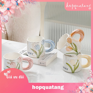 Cốc Sứ Hoa Tulip Tráng Men Cao Cấp Kèm Hộp Quà Tặng Cốc Văn Phòng Ly Uống Nước Trà Sữa Cà Phê