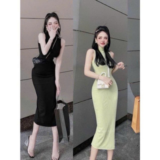 Đầm body gân cổ cao khoét nách dáng ba lỗ cá tính dáng dài g