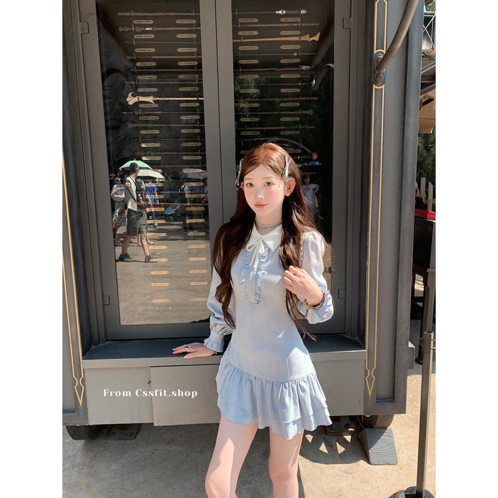 (Sẵn 3 Size): Váy Xanh Phối Beog Ngực Nơ Cổ Sơ Mi Thiết Kế Tay Chiết Bèo Chất Đũi Gân Xinh Xắn | BigBuy360 - bigbuy360.vn