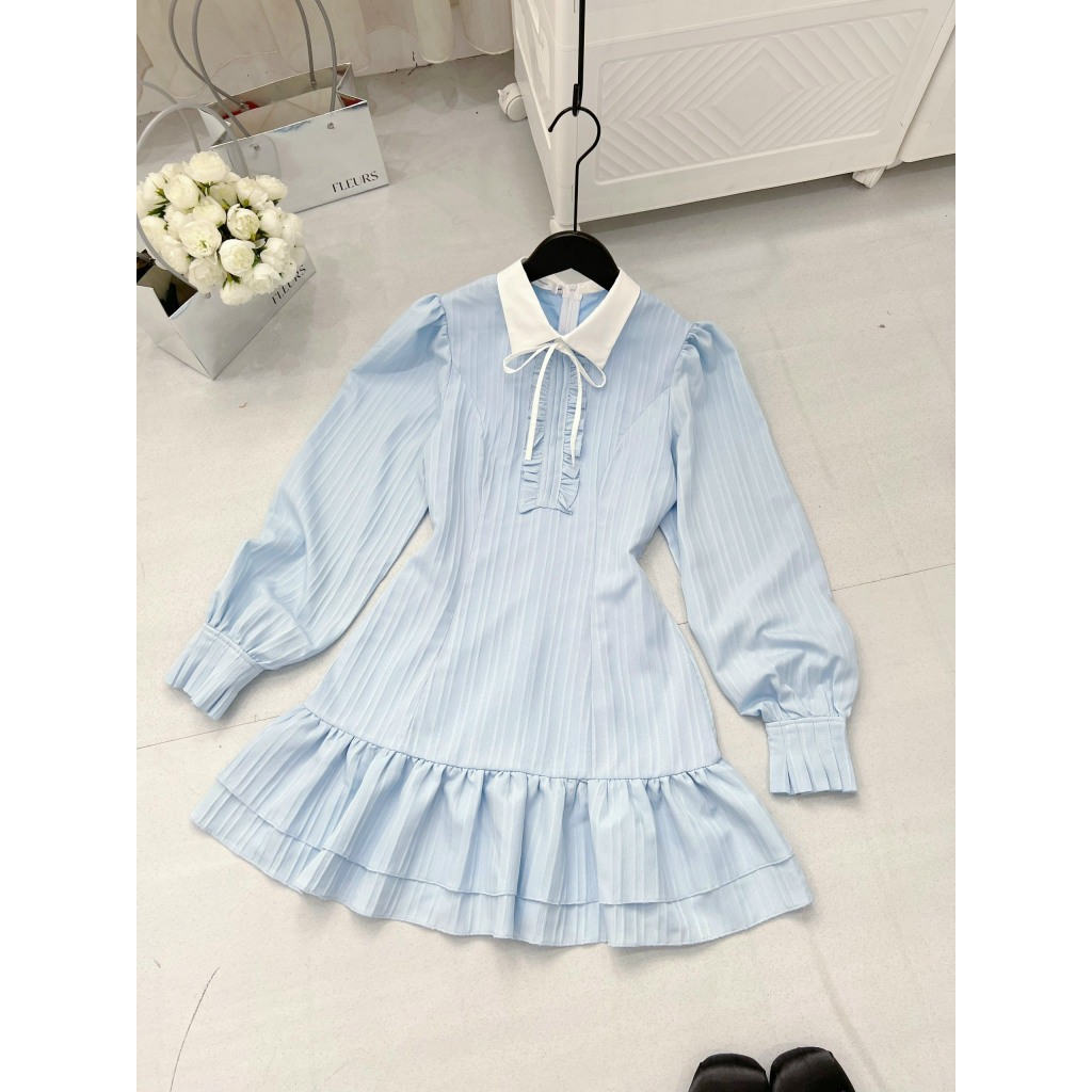 (Sẵn 3 Size): Váy Xanh Phối Beog Ngực Nơ Cổ Sơ Mi Thiết Kế Tay Chiết Bèo Chất Đũi Gân Xinh Xắn | BigBuy360 - bigbuy360.vn