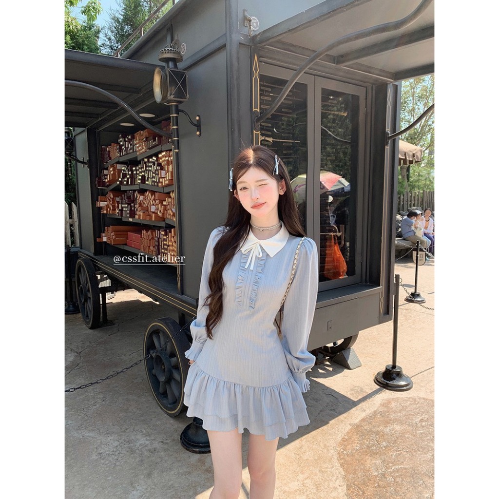 (Sẵn 3 Size): Váy Xanh Phối Beog Ngực Nơ Cổ Sơ Mi Thiết Kế Tay Chiết Bèo Chất Đũi Gân Xinh Xắn | BigBuy360 - bigbuy360.vn