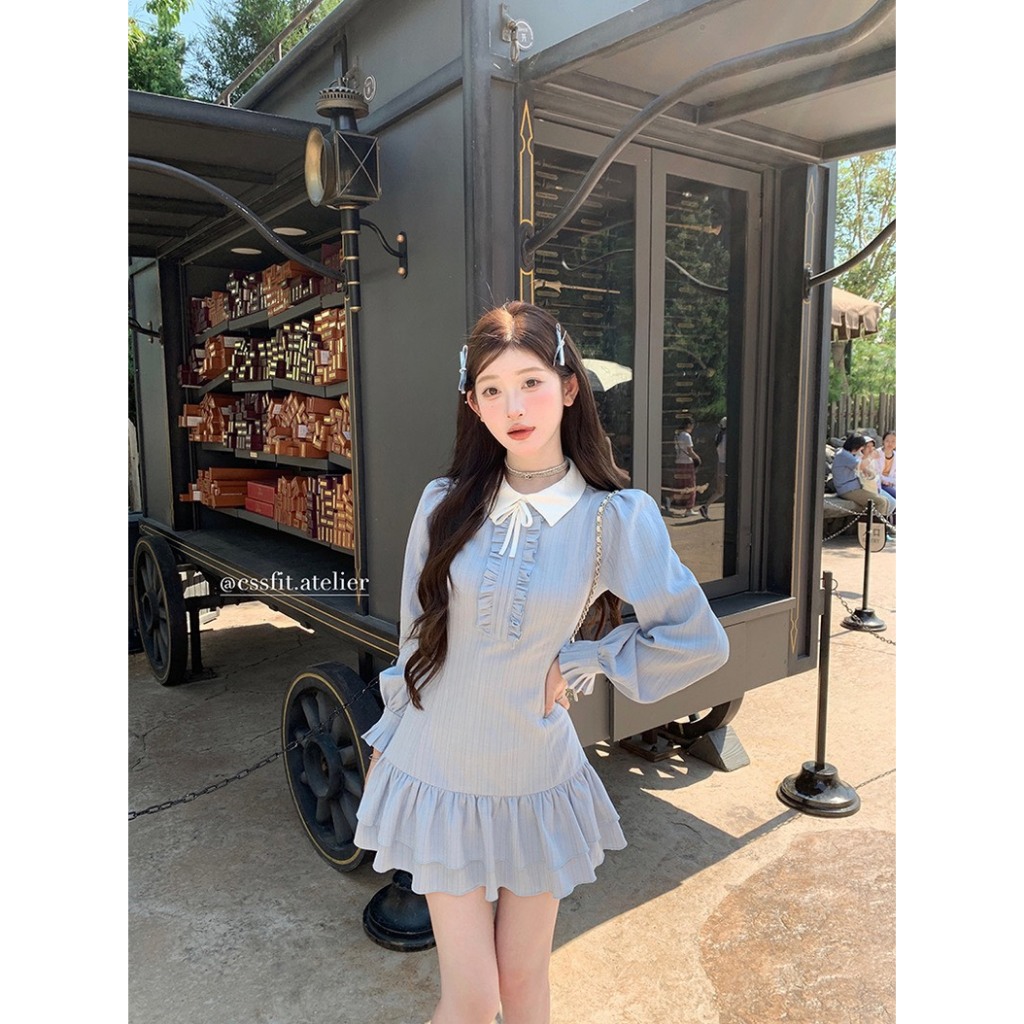 (Sẵn 3 Size): Váy Xanh Phối Beog Ngực Nơ Cổ Sơ Mi Thiết Kế Tay Chiết Bèo Chất Đũi Gân Xinh Xắn | BigBuy360 - bigbuy360.vn