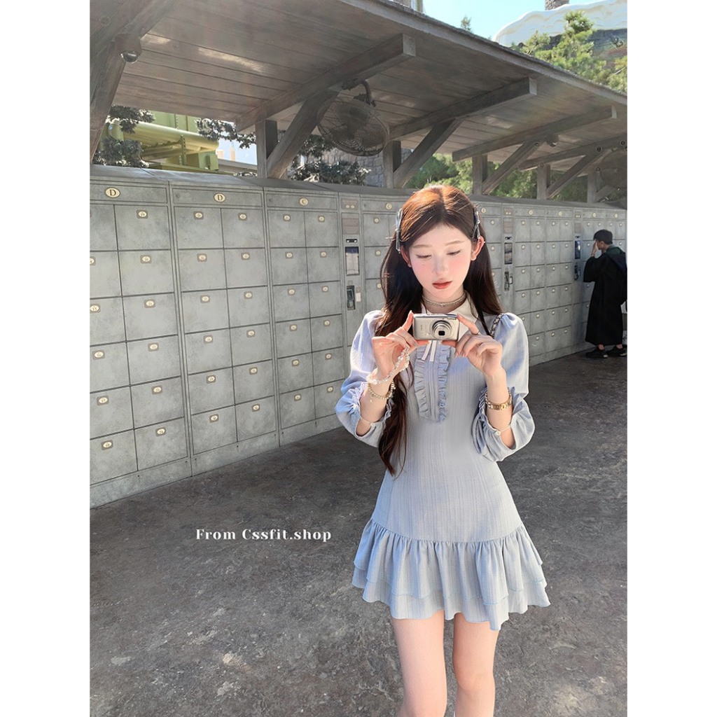 (Sẵn 3 Size): Váy Xanh Phối Beog Ngực Nơ Cổ Sơ Mi Thiết Kế Tay Chiết Bèo Chất Đũi Gân Xinh Xắn | BigBuy360 - bigbuy360.vn