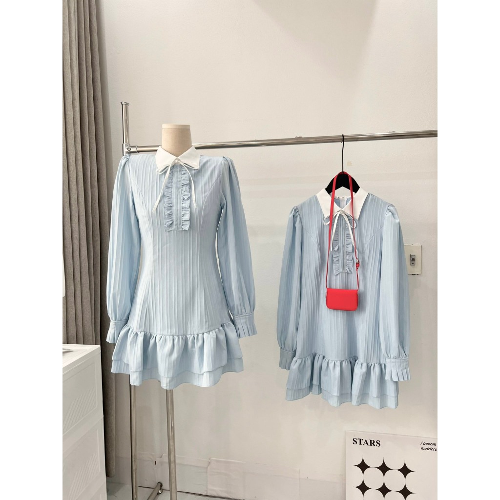 (Sẵn 3 Size): Váy Xanh Phối Beog Ngực Nơ Cổ Sơ Mi Thiết Kế Tay Chiết Bèo Chất Đũi Gân Xinh Xắn | BigBuy360 - bigbuy360.vn