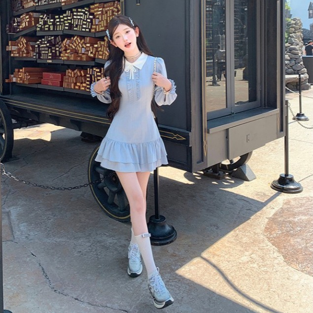 (Sẵn 3 Size): Váy Xanh Phối Beog Ngực Nơ Cổ Sơ Mi Thiết Kế Tay Chiết Bèo Chất Đũi Gân Xinh Xắn | BigBuy360 - bigbuy360.vn