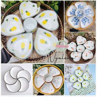 Bộ đĩa 5 cánh hoa đào, trái tim sứ bát tràng kèm khay mây
