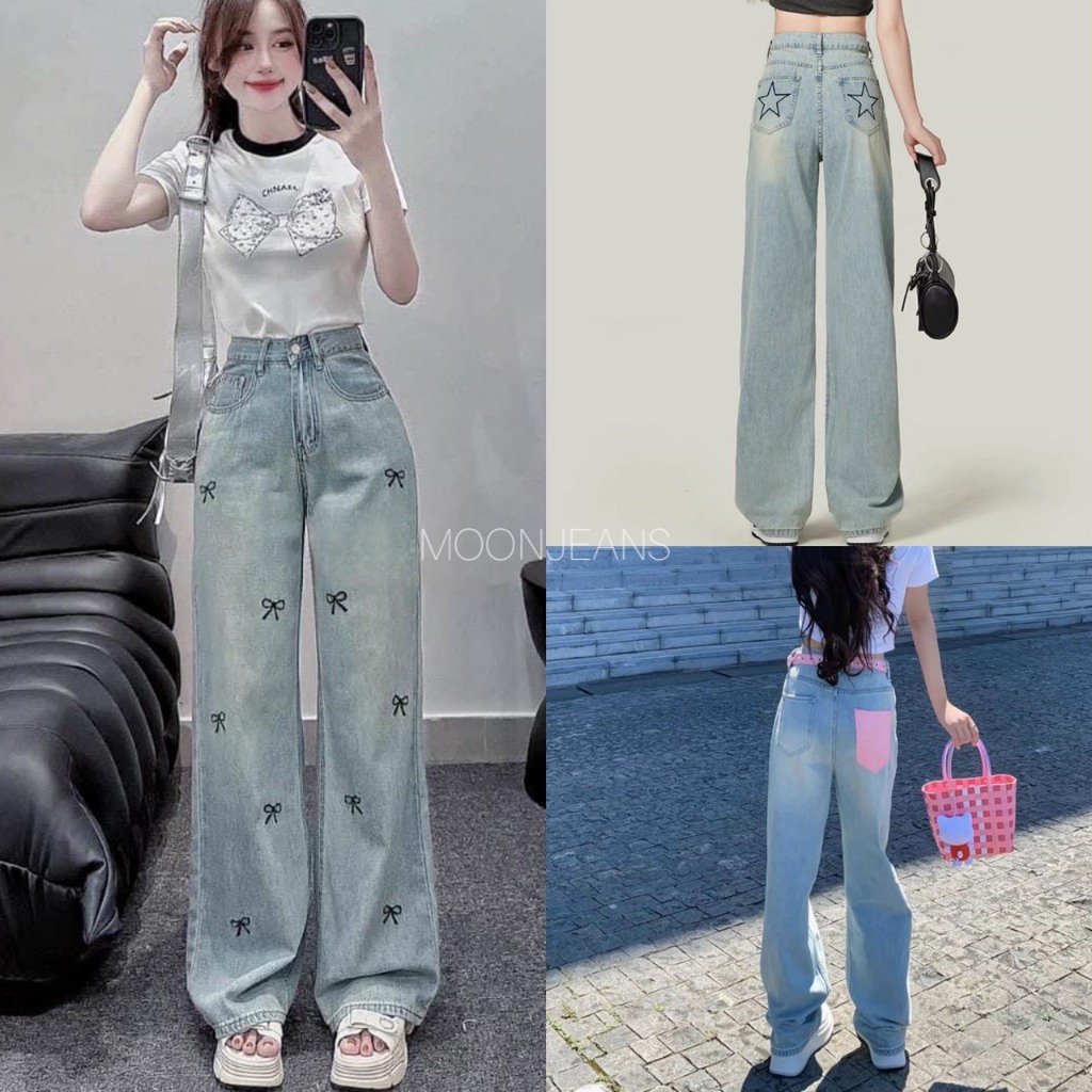 Quần bò ống rộng nữ cạp cao quần jeans ống rộng lưng cao, vải bò 2024