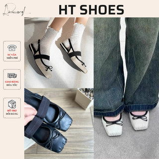 Giày sục sandal C mũi vuông đính nơ phối quai ngang hở gót hai màu đế bệt 1cm Fullbox #8125-1