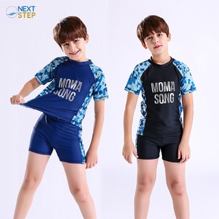 Đồ bơi cho bé trai hiệu MOMA SONG chất vải dày dặn bóng đẹp co dãn tốt size lớn đến 55kg kèm nón