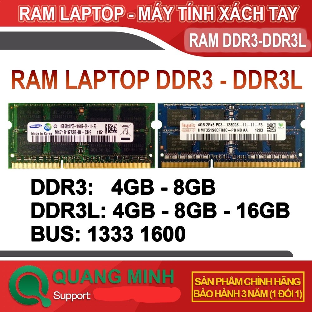 Ram Laptop DDR3 (PC3) 4Gb 8Gb Bus 1066/1333/1600 hàng tháo máy Bảo Hành 3 Năm