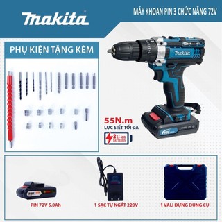 Máy Khoan Makita 72v 3 chức năng, khoan tường, khoan sắt, bắt vít, kèm bộ phụ kiện 24 chi tiết
