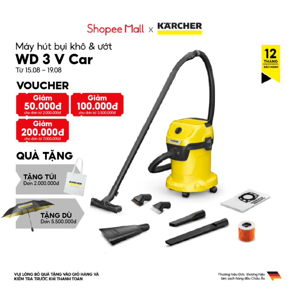 Máy hút bụi đa năng khô và ướt Karcher WD 3 V Car - Công suất 1000W - Dùng cho gia đình và ô tô