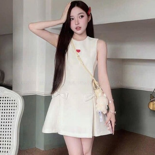 váy tiểu thư sang chảnh,đầm sát nách đính đá hình trái tim phối nơ siu sang FD15