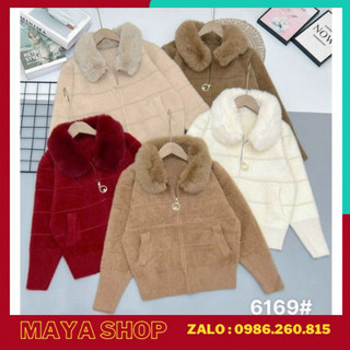 Áo khoác len cổ lông, áo khoác len lông ép cổ mũ lông siêu hot _sỉ áo len lông đẹp-mayashop