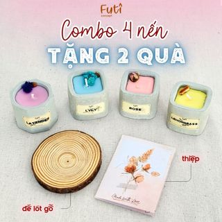   2 QUÀ TẶNG  Combo 4 Nến Thơm Mini Cốc Xi Măng Vintage Tặng Đế Lót Gỗ Thiệp Handmade 