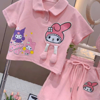 Set bộ bé gái Kuromi thêu có chân, đồ bộ bé gái, quần áo trẻ em gái mùa hè cộc tay 8-30kg