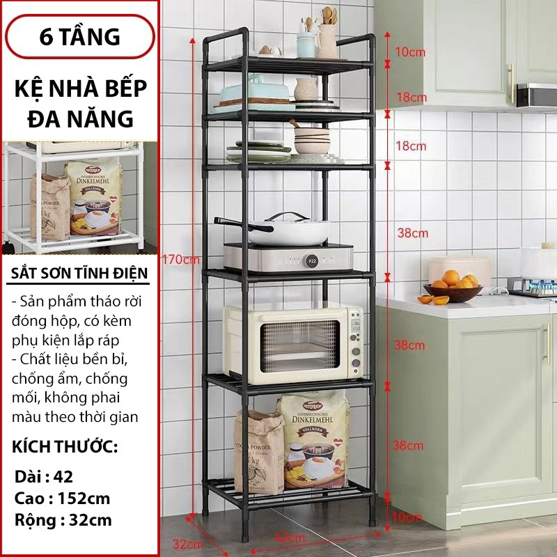Kệ Để Đồ Đa Năng - Kệ Nhà Bếp, Kệ Phòng Khách, Phòng Ngủ 5-6 Tầng Khung Thép Cacbon Lắp Ghép (Không Chân -Không Bánh Xe)