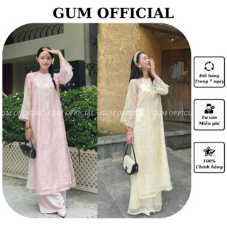 Áo dài cách tân Diễm Châu 4 tà họa tiết vân hoa thêu vai đính bướm GUM OFFICIAL, Set áo dài nữ màu hồng và vàng - AD0012