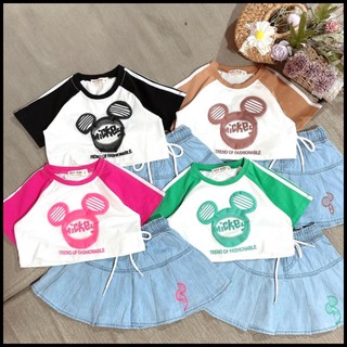 Set váy bé gái MICKEY mùa hè, áo croptop in Mickey dập nổi siêu cưng, chân váy jean mỏng, chip trong dày dặn