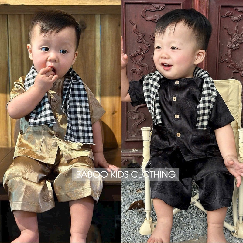 Bộ Bà Ba Cho Bé Trai Tặng Khăn BaBoo Kids Áo Chất Gấm Mềm Quần Lụa BB5