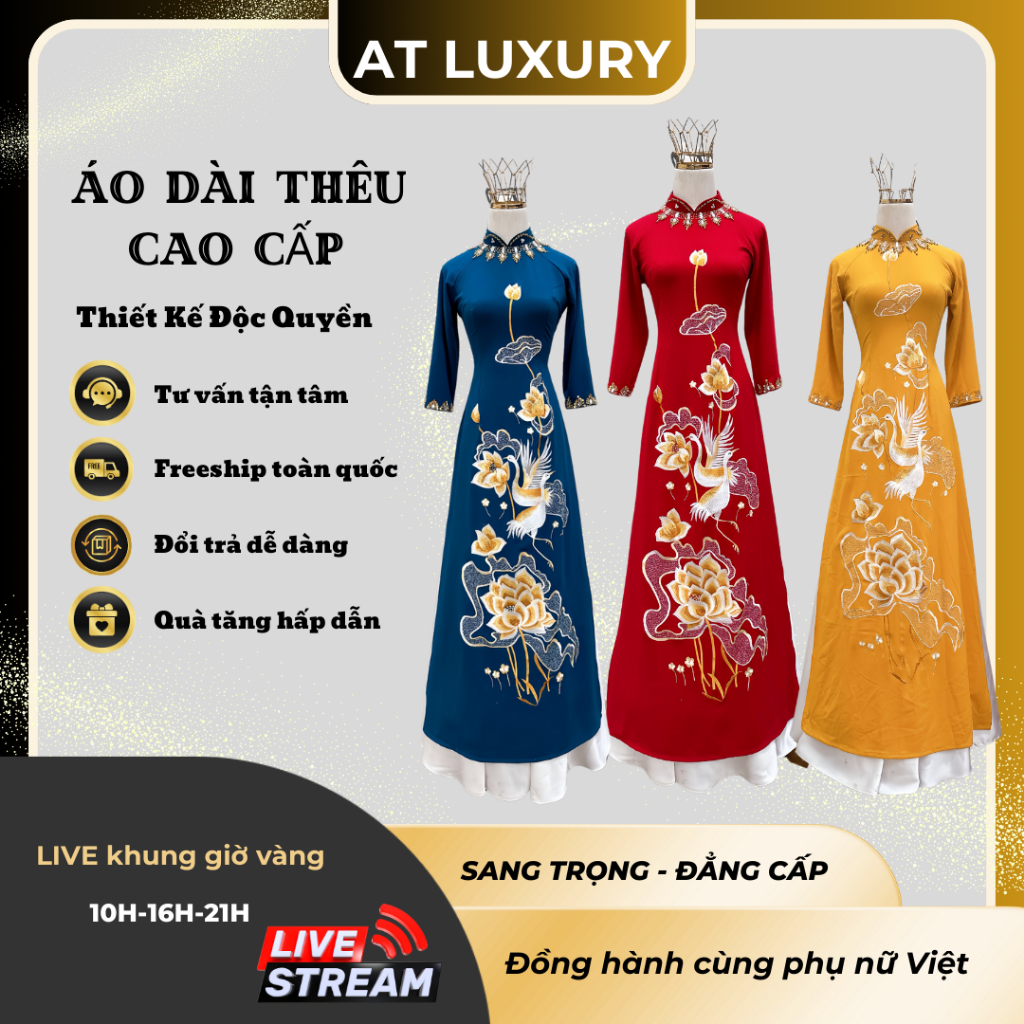 Áo dài mẹ sui, áo dài thêu hoa sen cổ thuyền vải lụa mango đính kết sang trọng