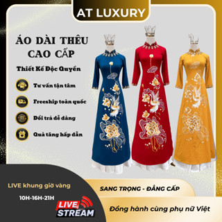 Áo dài mẹ sui, áo dài thêu hoa sen cổ thuyền vải lụa mango đính kết sang trọng