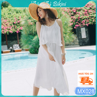 Đầm nữ maxi trắng dáng xòe lên dáng dịu dàng, váy vai trần tay bèo xinh xắn, mặc đi biển, du lịch, chụp ảnh mẫu | MX015