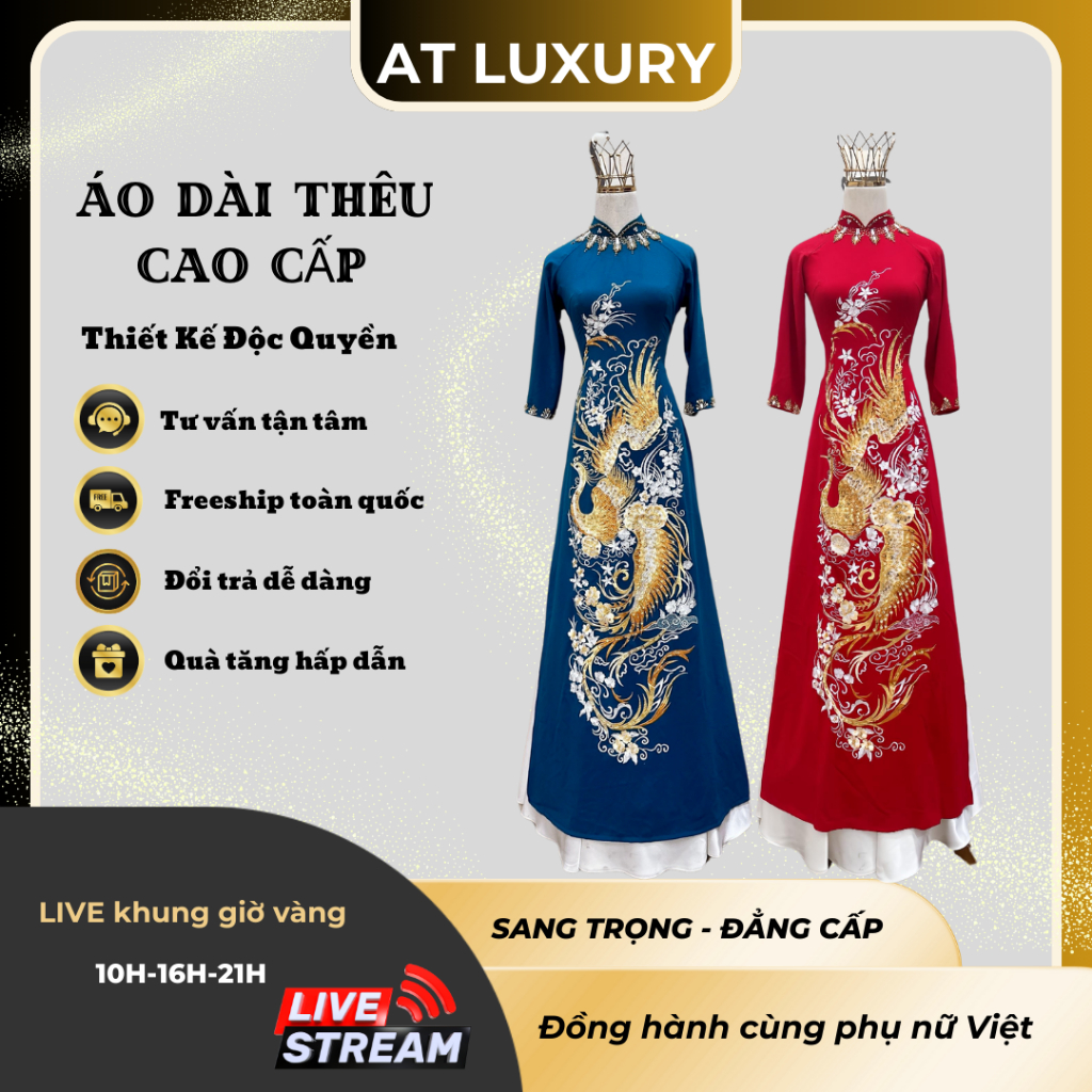 Áo dài mẹ sui, áo dài thêu khổng tước vải lụa mango đính kết sang trọng
