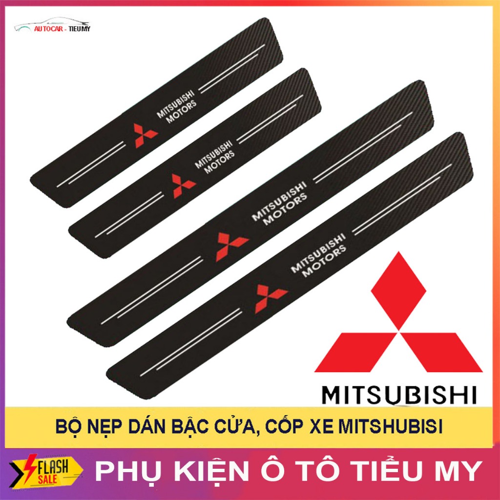 MITSUBISHI - Bộ 9 Miếng Dán Chống Trầy Xước Có Logo Hãng MITSUBISHI Bảo Vệ Cửa Và Cốp Xe, Sợi Cacbon