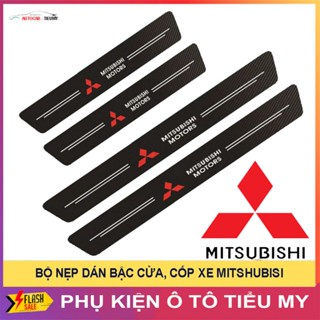 MITSUBISHI - Bộ 9 Miếng Dán Chống Trầy Xước Có Logo Hãng MITSUBISHI Bảo Vệ Cửa Và Cốp Xe, Sợi Cacbon