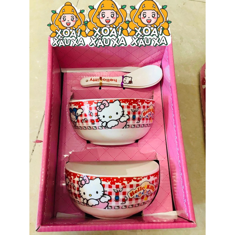 bộ 2 chén sứ + 2 muỗng sứ hình mèo hello kitty dễ thương