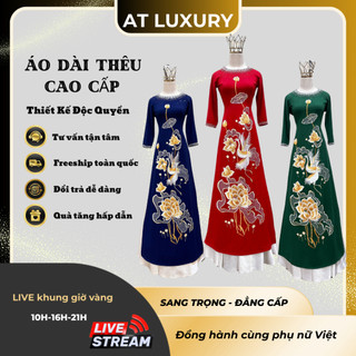  Áo dài mẹ sui áo dài thêu hoa sen cổ tròn vải lụa mango đính kết sang trọng 