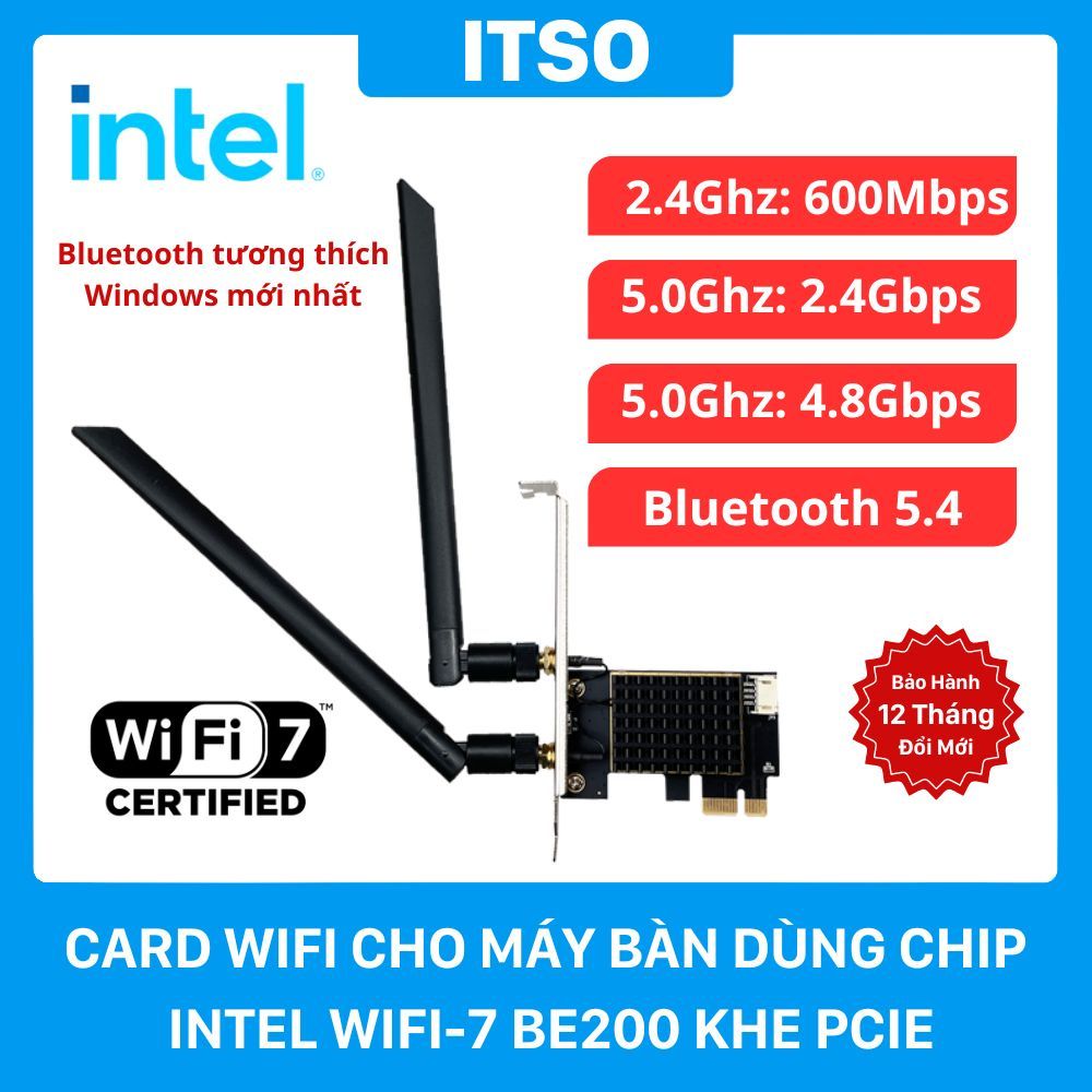 Card WIFI 7 Intel BE200 sử dụng khe cắm PCIe có tản nhiệt