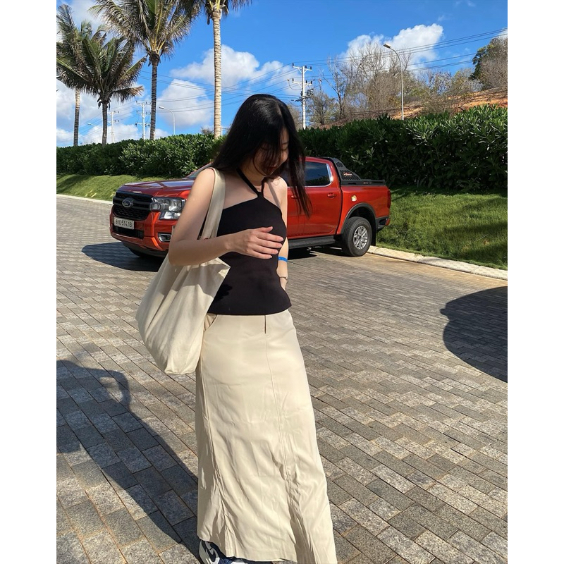 <Calar Top> Áo cổ yếm cột dây thun gân RUCHAN