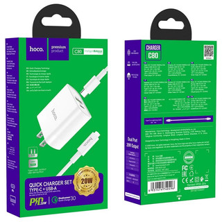 COMBO Bộ củ, cáp sạc nhanh PD20W Hoco C80 1 USB + Type-C