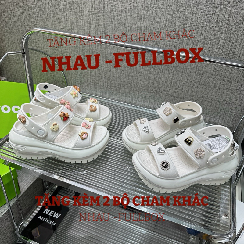 Sandal crcocs TRẮNG mega crush kèm 16 cham bất kì cao cấp fullbox, crocs đế bóng 8cm siêu mềm chống 