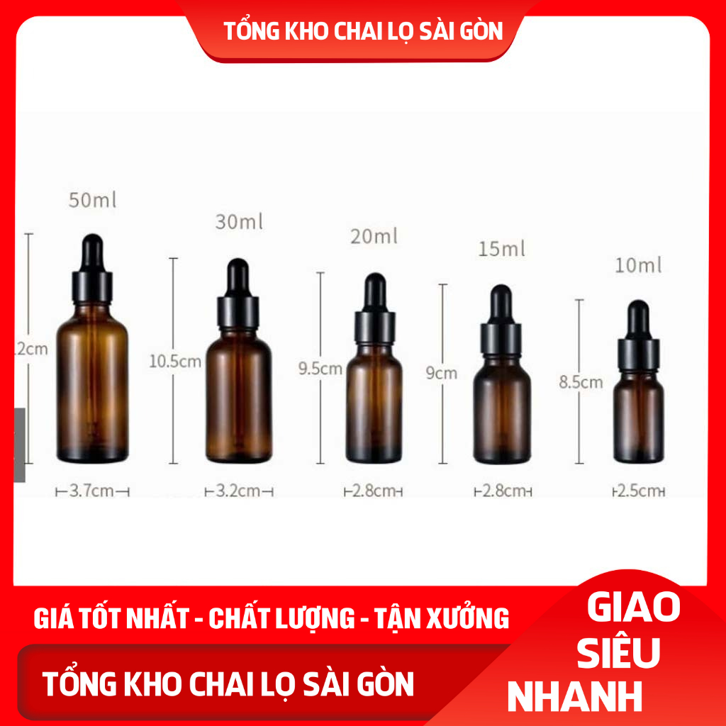 Chai Thủy TInh NÂU Nắp Bóp ĐEN 5ml 10ml 20ml 30ml 50ml 100ml - Lọ Chiết Serum