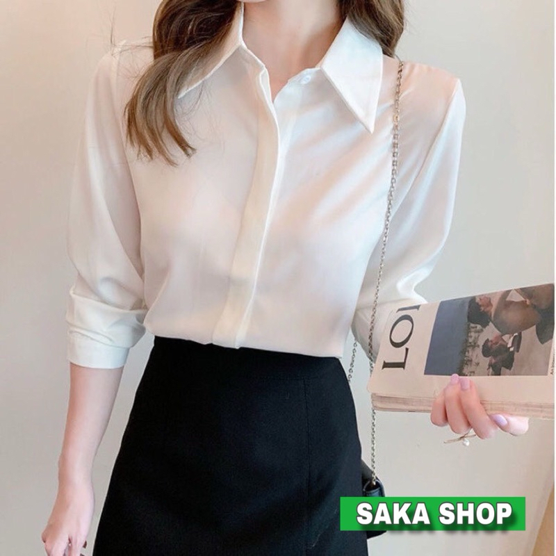 Áo sơ mi nữ tay dài dáng rộng giấu nút công sở