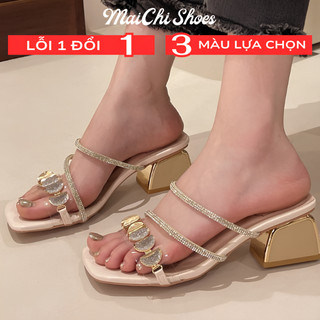 Guốc cao gót mặt đá gót đồng,giày nữ đế vuông quai chéo đính đá sang chảnh- mã M35