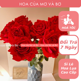 Cành 1 Bông Hoa Hồng Nhung Nở Bigsize 12cm Cành Dài 70cm - Hoa Hồng Giả Hoa Lụa Mơ Bơ Trang Trí Nhà