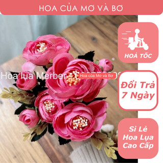 Cụm 6 Bông Hoa Hồng Trà Châu Âu, Hoa Mao Lương Kèm Điểm Giả Cao Cấp Mơ Bơ - Decor Trang Trí