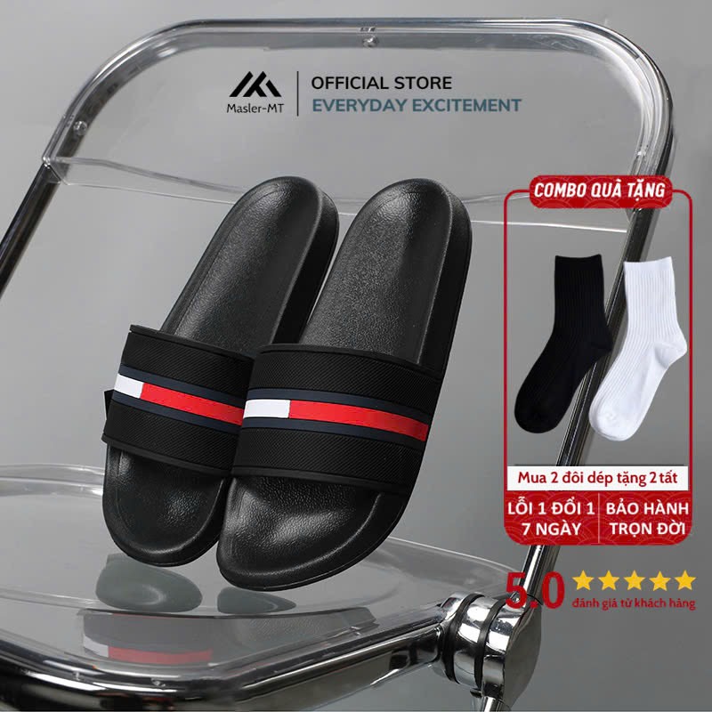 Dép Quai Ngang Nam Nữ M Masler-MT Họa Tiết Đỏ Sọc Trắng Cao Cấp ,Đế Chống Trượt Quai Êm Chân TM