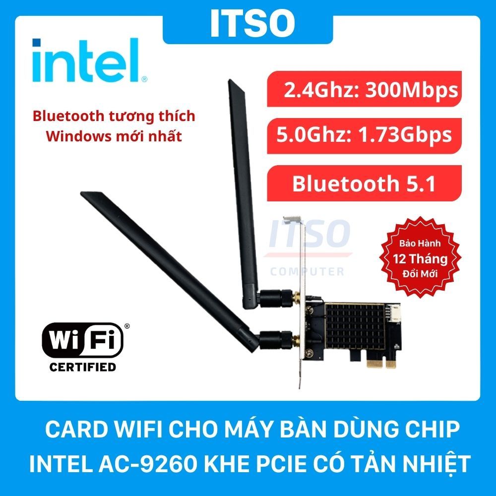 Card WIFI Intel AC 9260 khe PCI tích hợp Bluetooth 5.1 có tản nhiệt