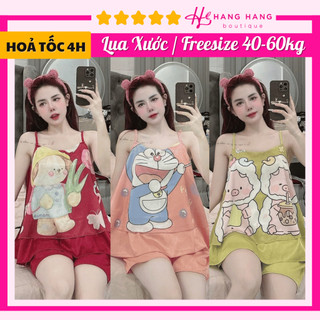 Bộ đồ ngủ 2 dây quần đùi lụa xước freesize 40-60kg, đồ bộ nữ mặc nhà đồ ngủ lụa thiết kế cute thiết kế dễ thương