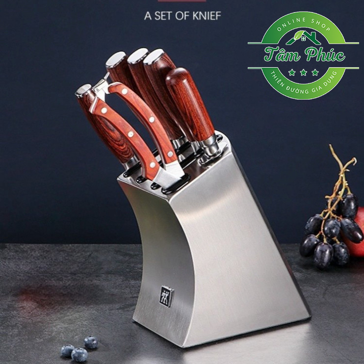 Bộ dao làm bếp 7 món cán gỗ đỏ tự nhiên Thép không gỉ của Đức Nhập Khẩu