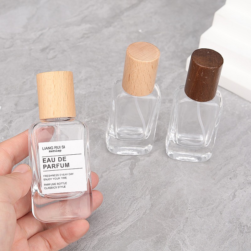 Chai chiết nước hoa thủy tinh cao cấp 20ml / 30ml chai vuông dẹp nắp gỗ vòi xịt phun sương