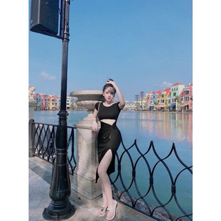 Đầm body tay ngắn hở eo xoắn bụng chất thun gân hot kth